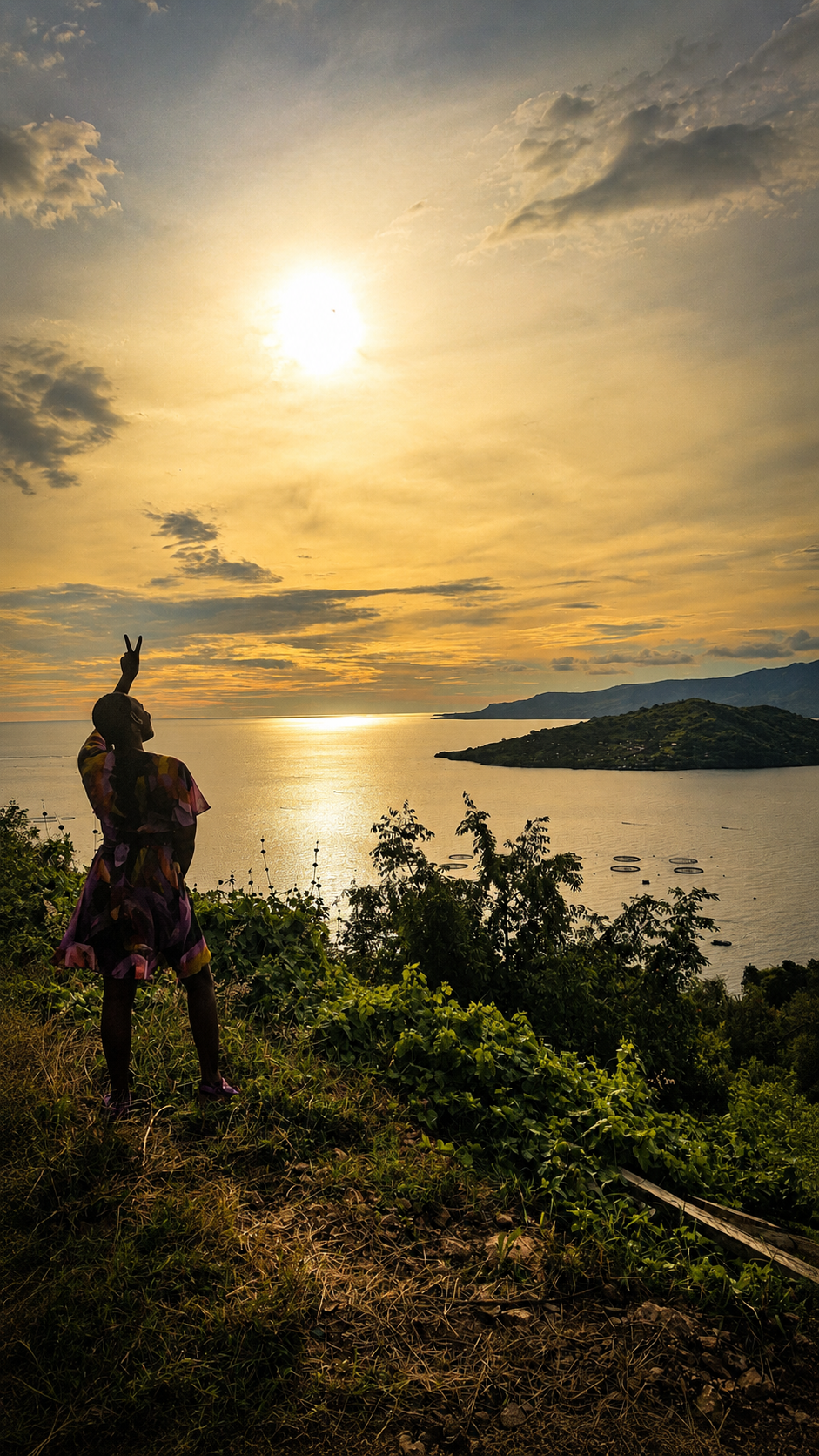 Eva overlooking a golden Lake Victoria sunset