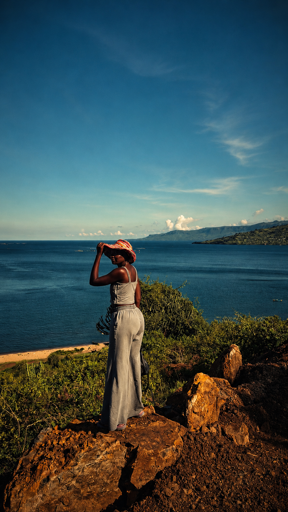 Eva standing above the lake with Rusinga Island in the distance
