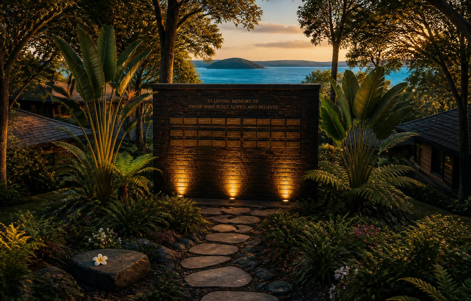 Wall of Believers in the Starehe Manor garden at golden hour, Lake Victoria and Rusinga Island visible in the background